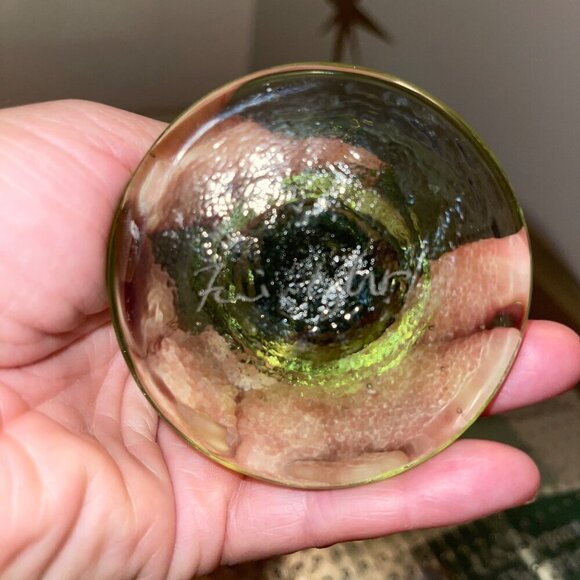 Fire Light Wine Glass Olive Green Goblet Handmade Recycled Signed - Picture 3 of 5